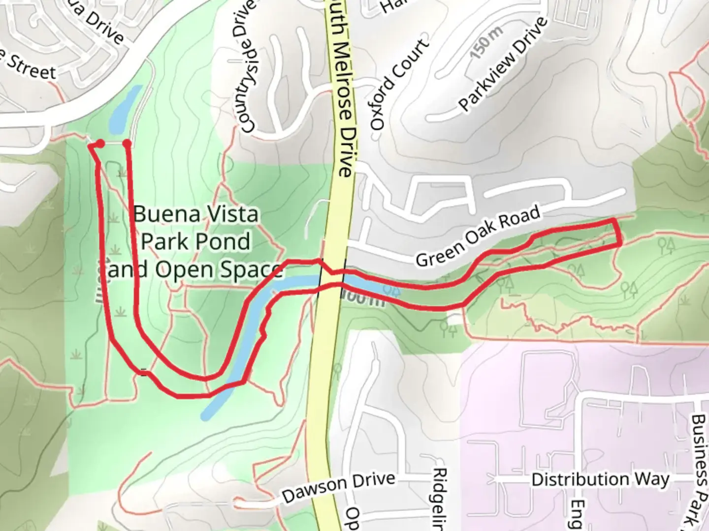 An image depicting the trail Buena Vista Park Pond and Open Space Circle and its surrounding area.