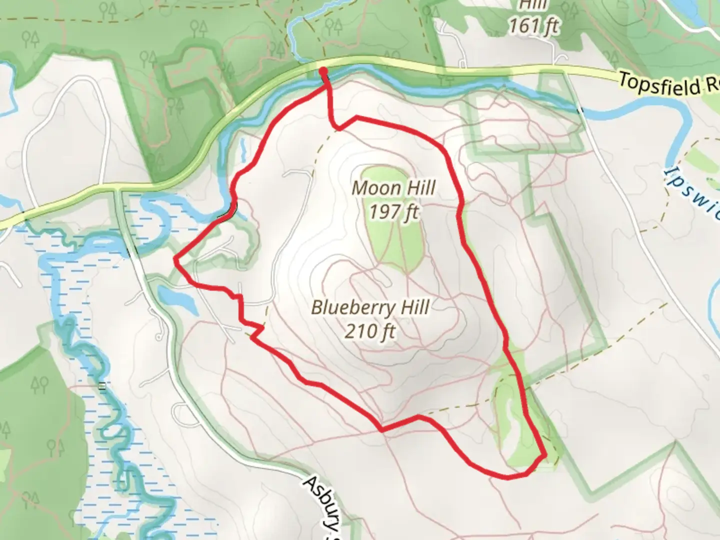 An image depicting the trail Blurberry Hill and Moon Hill from Ipswich River and its surrounding area.