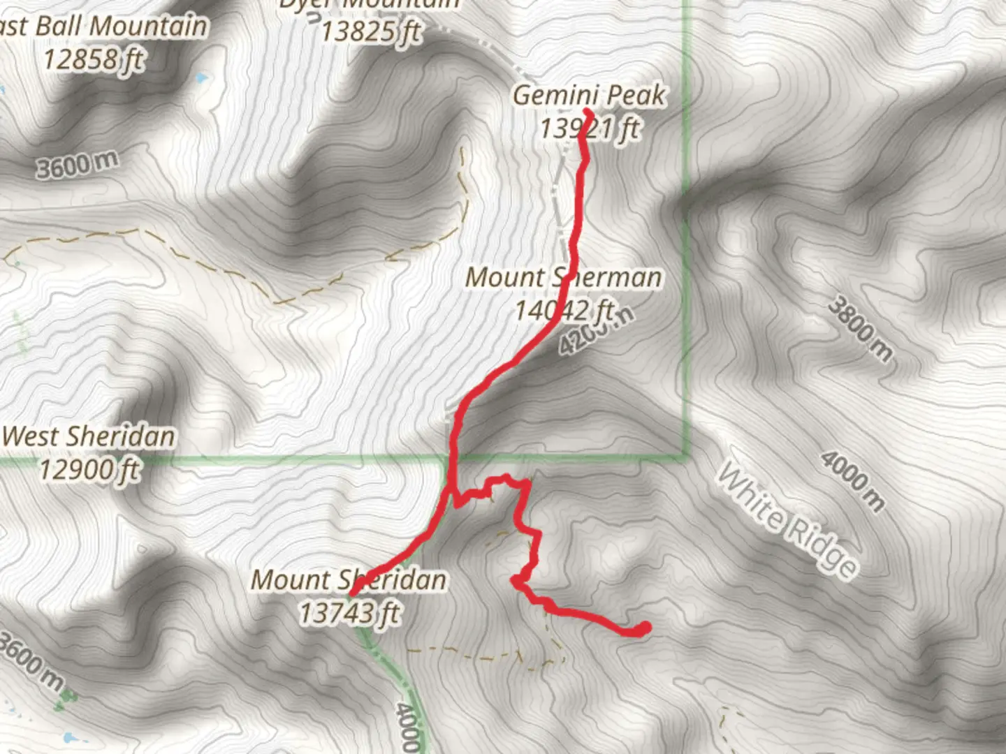 An image depicting the trail Mount Sheridan, Mount Sherman and Gemini Peak via Four Mile Creek Road and its surrounding area.