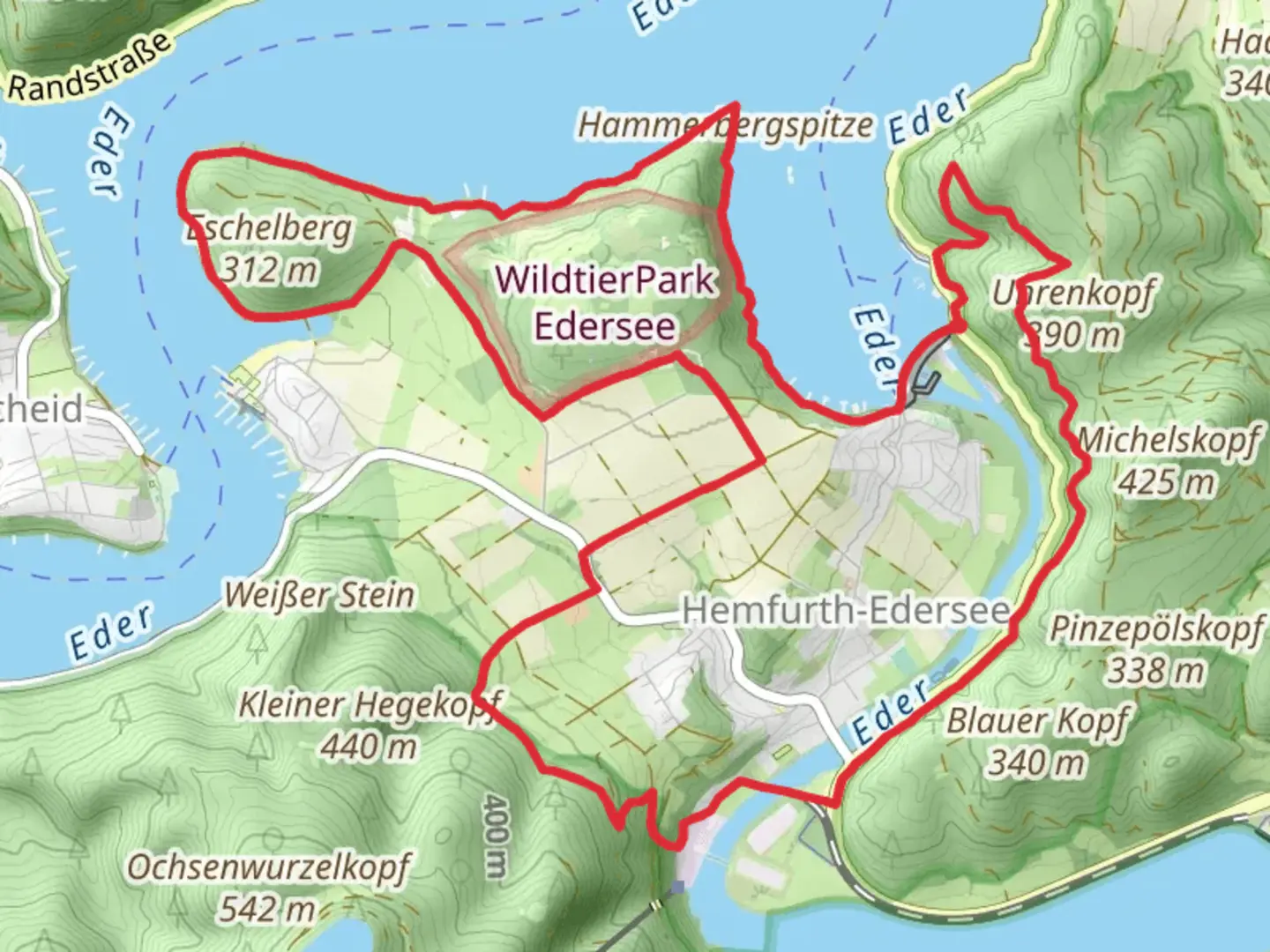An image depicting the trail Edersee and Eschelberg Loop and its surrounding area.