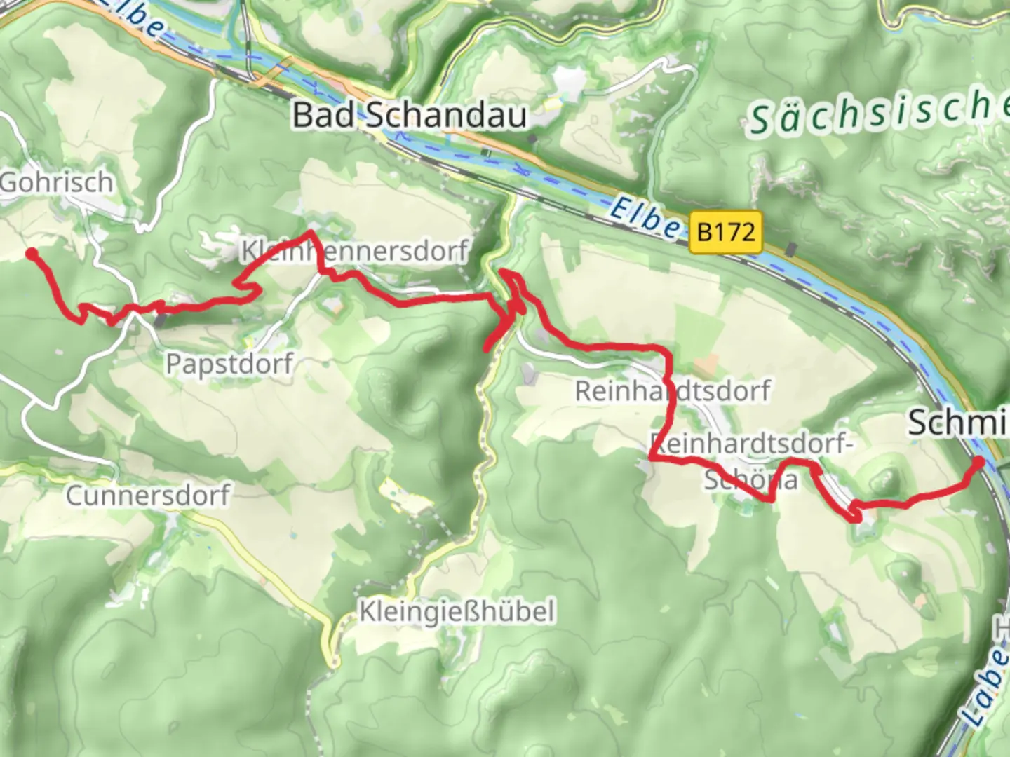 An image depicting the trail Schmilka to Sachsische Schweiz Walk via Papststein and its surrounding area.