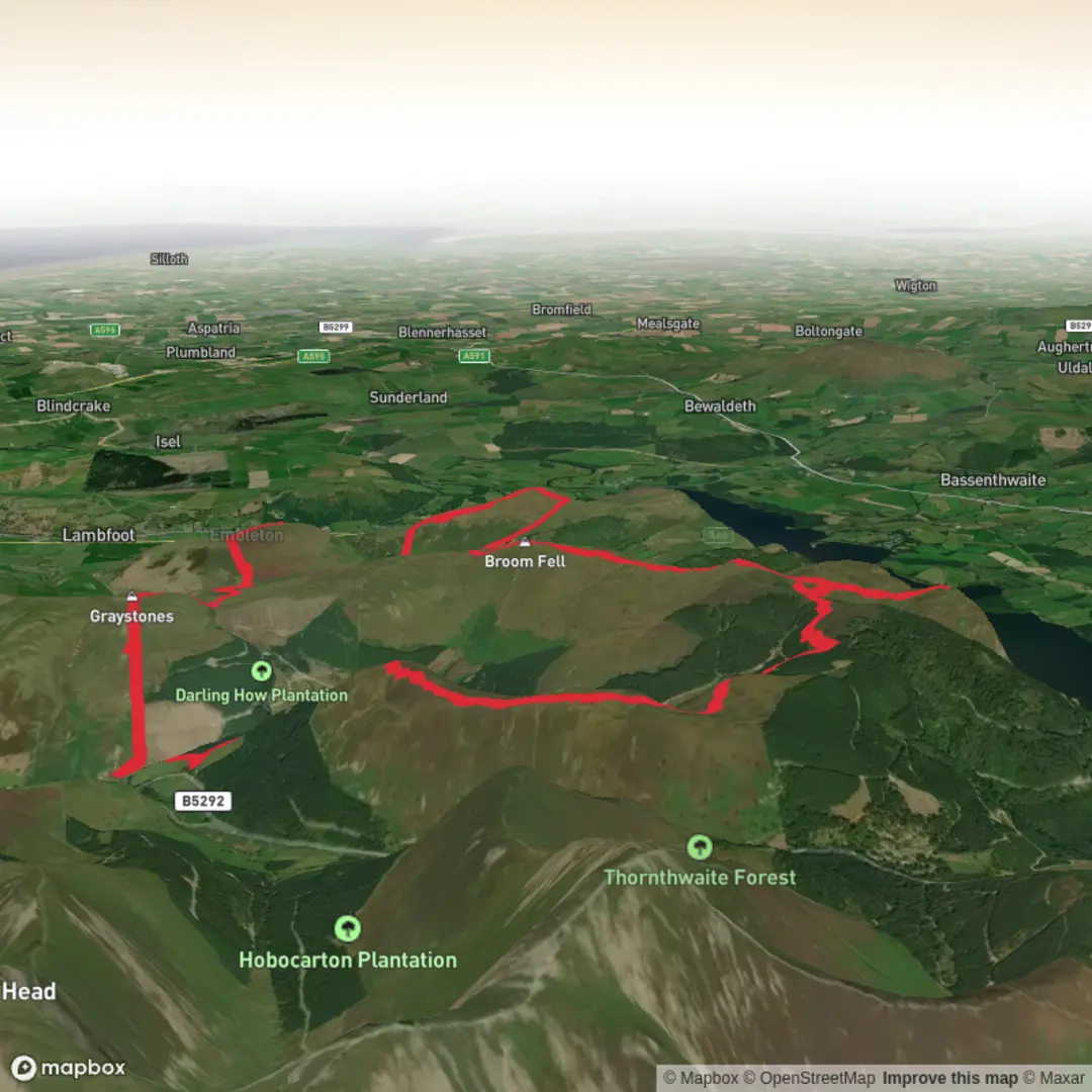 An image depicting the trail Whinlatter and Wythrop Fells and its surrounding area.