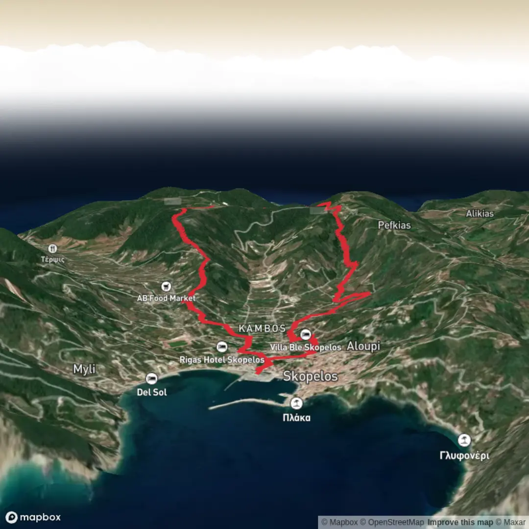 An image depicting the trail Skopelos, Profitis Elias Monastery and Kimisia Loop and its surrounding area.