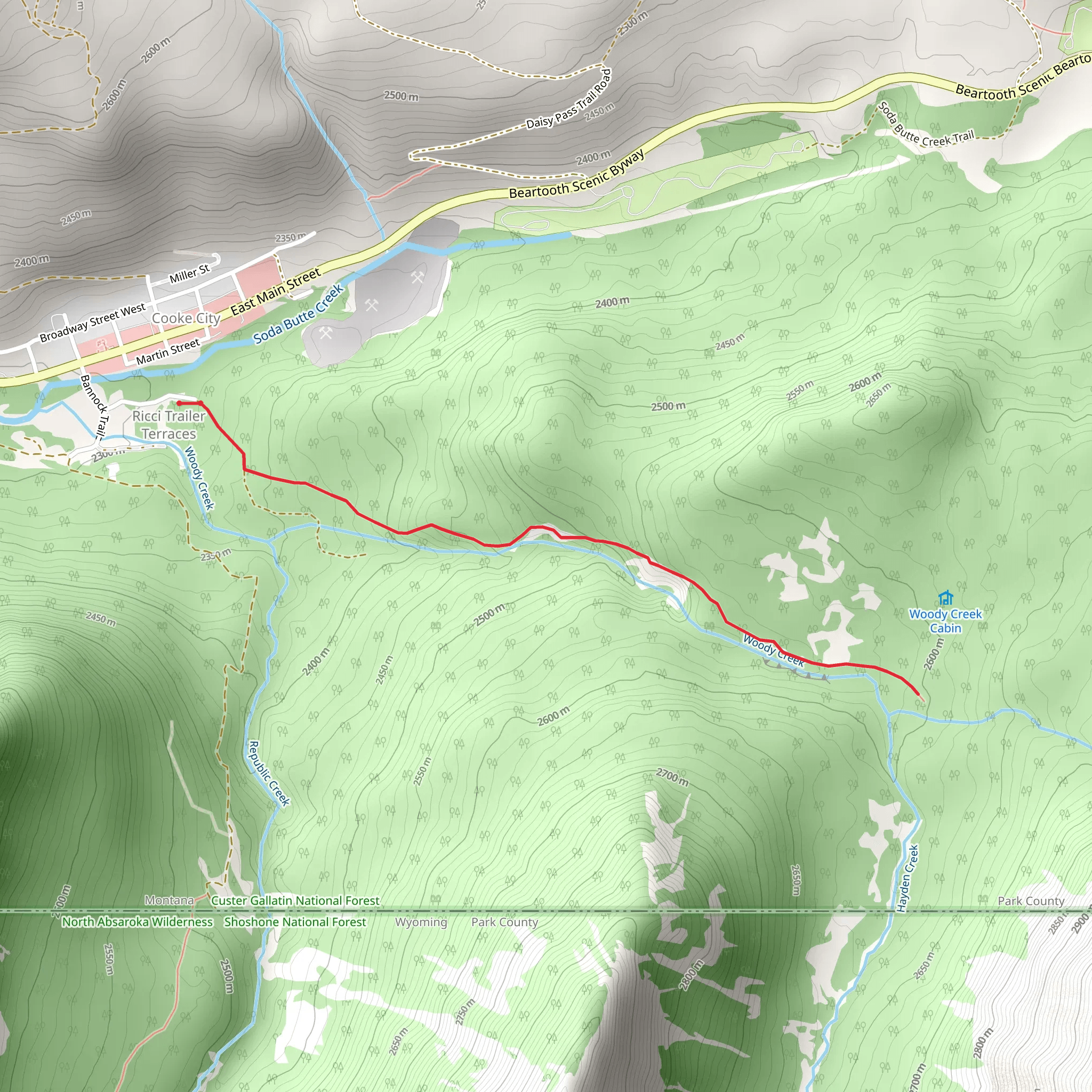 Woody Creek Trail from Cooke City mobile static map