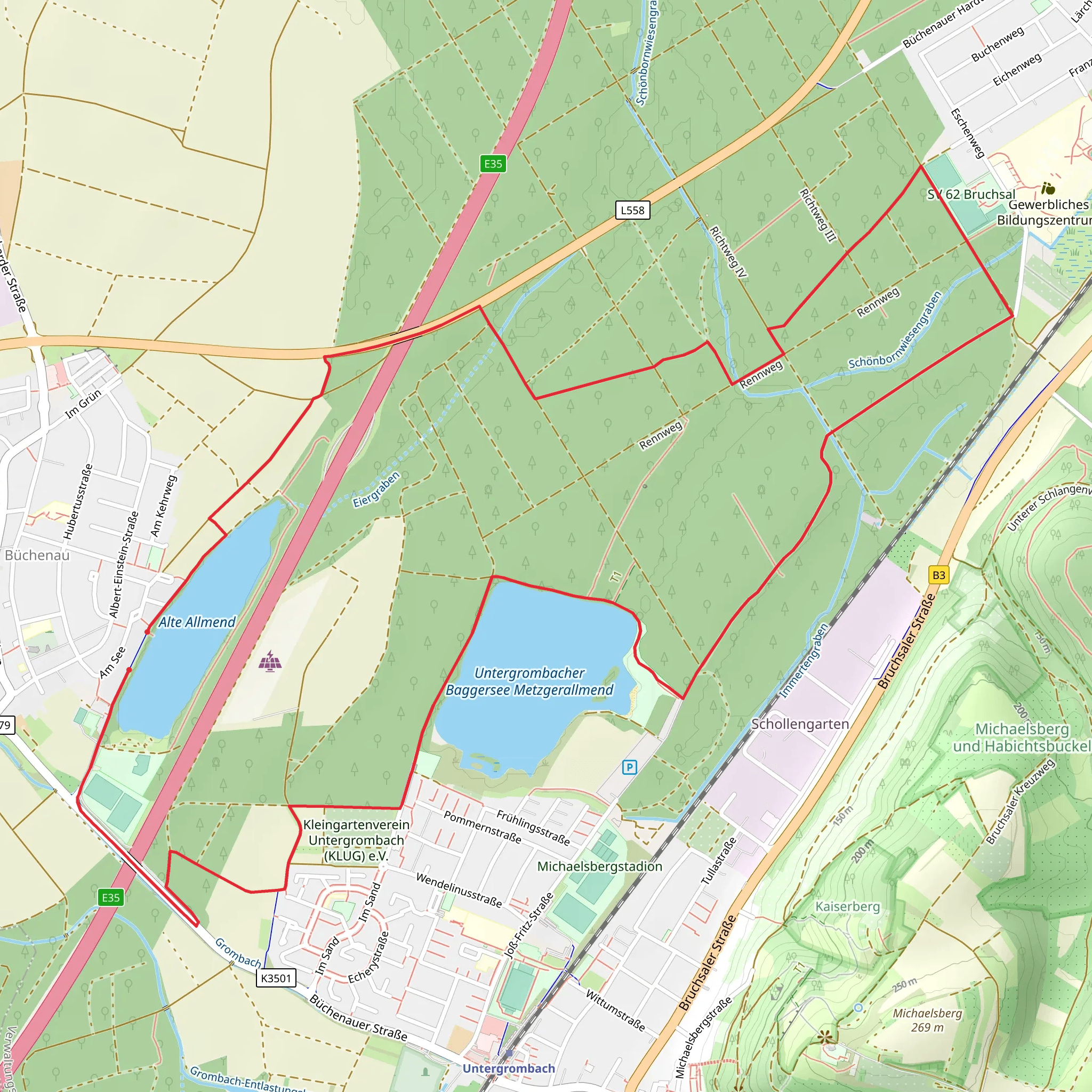 Alte Allmend and Untergrombacher Baggersee Metzgerallmend via Buechenauer Hardt mobile static map