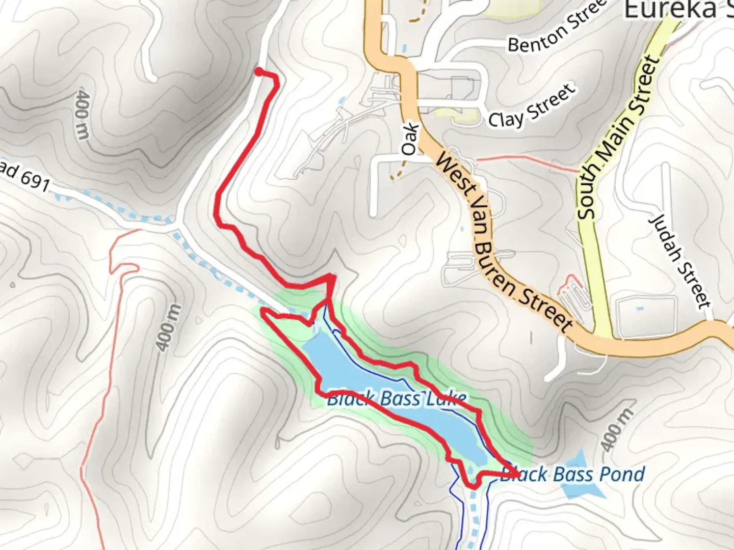 An image depicting the trail Black Bass Lake Hiking Loop Trail and its surrounding area.