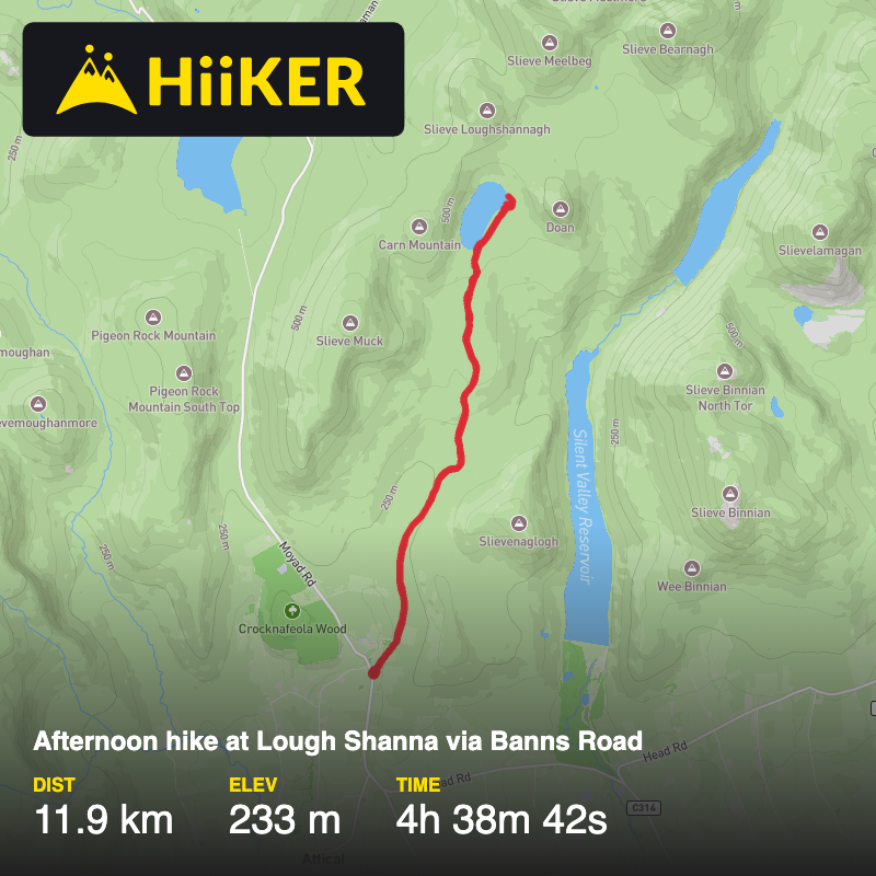 A map preview of the recording Afternoon hike at Lough Shanna via Banns Road.