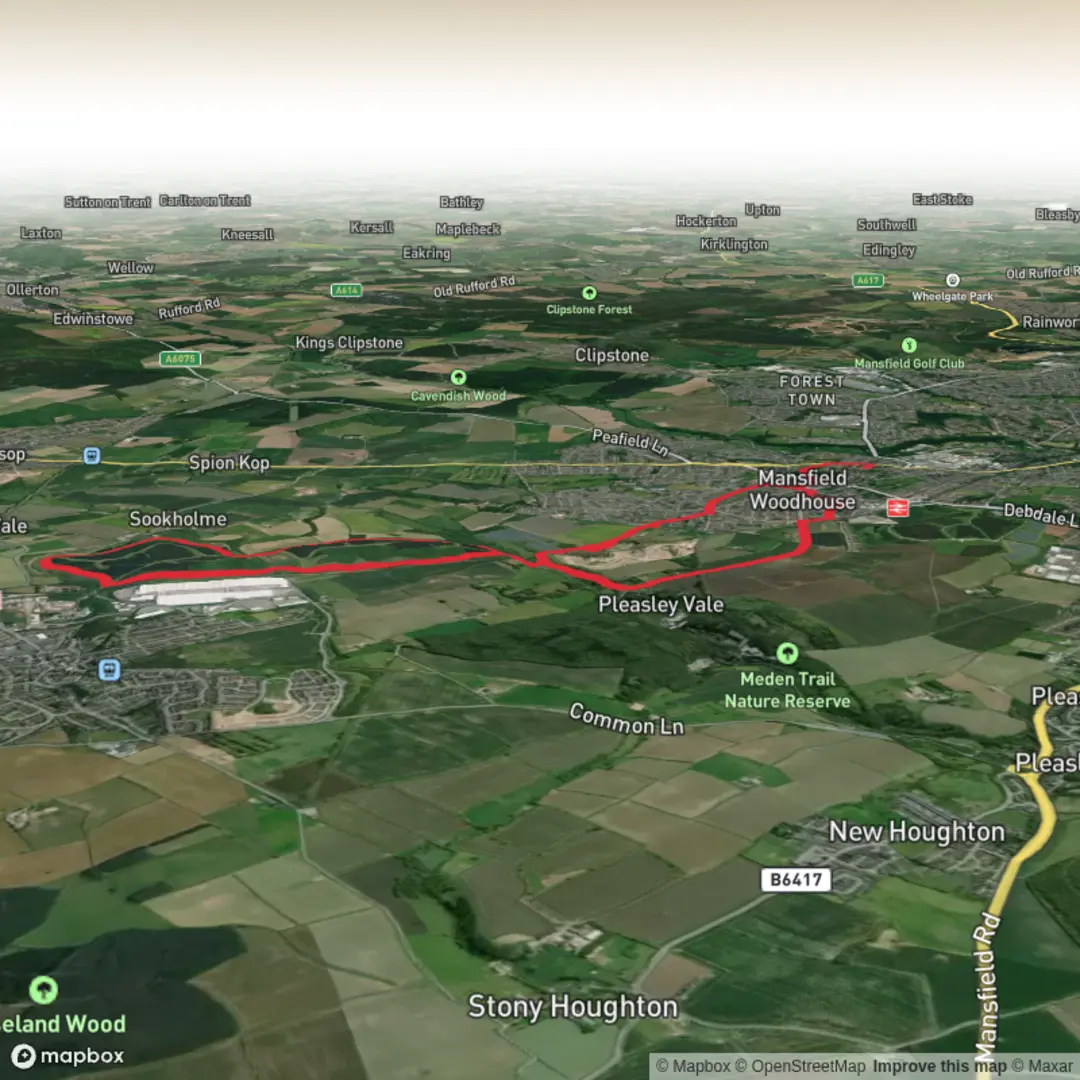 An image depicting the trail Hike from Mansfield Woodhouse to Sshirebrook Woods and Back and its surrounding area.