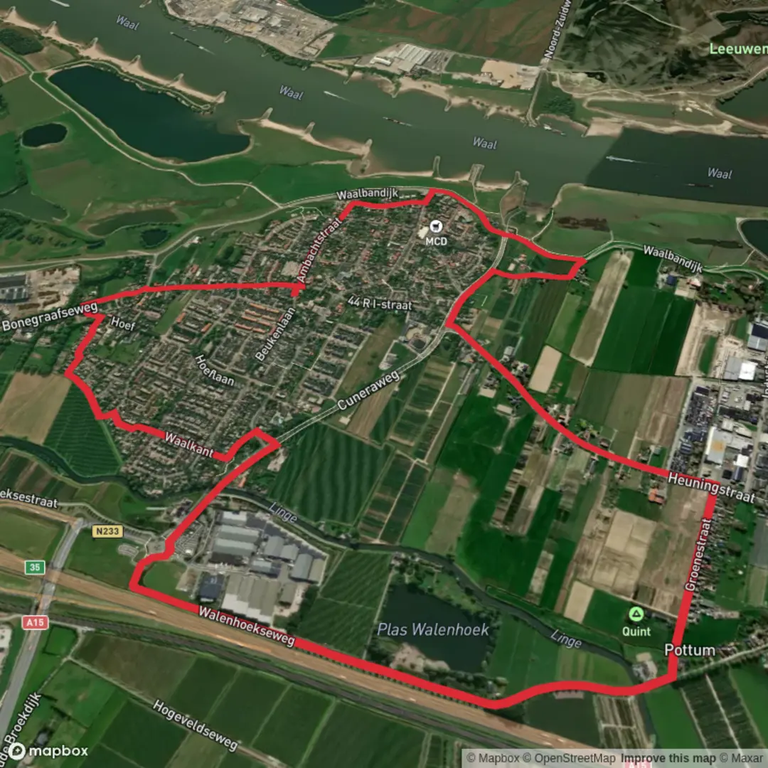 An image depicting the trail Plas Walenhoek and Pottum Loop and its surrounding area.