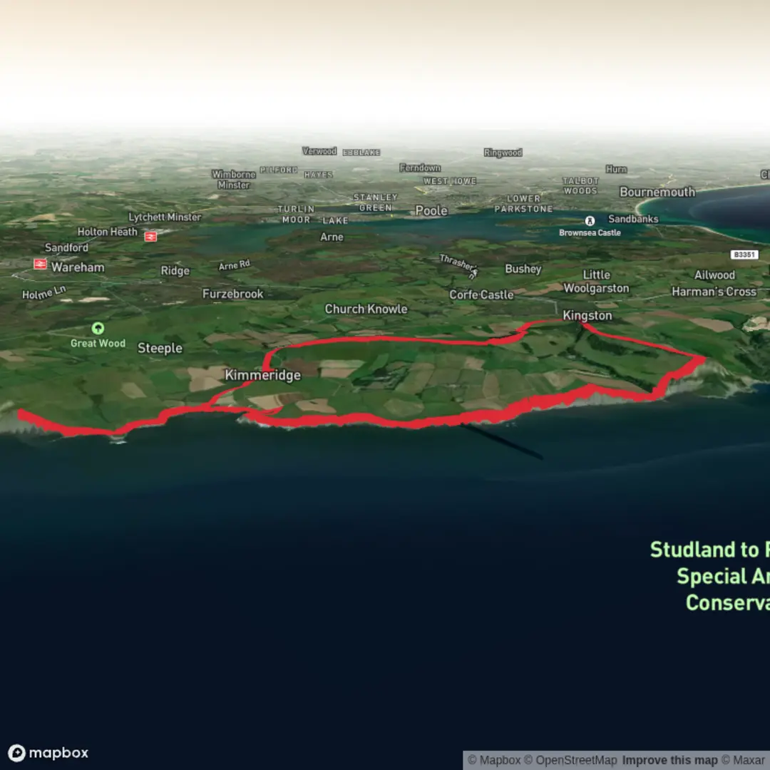 An image depicting the trail Rope Lake Head, Tyneham Cap and Smedmore Hill Loop and its surrounding area.