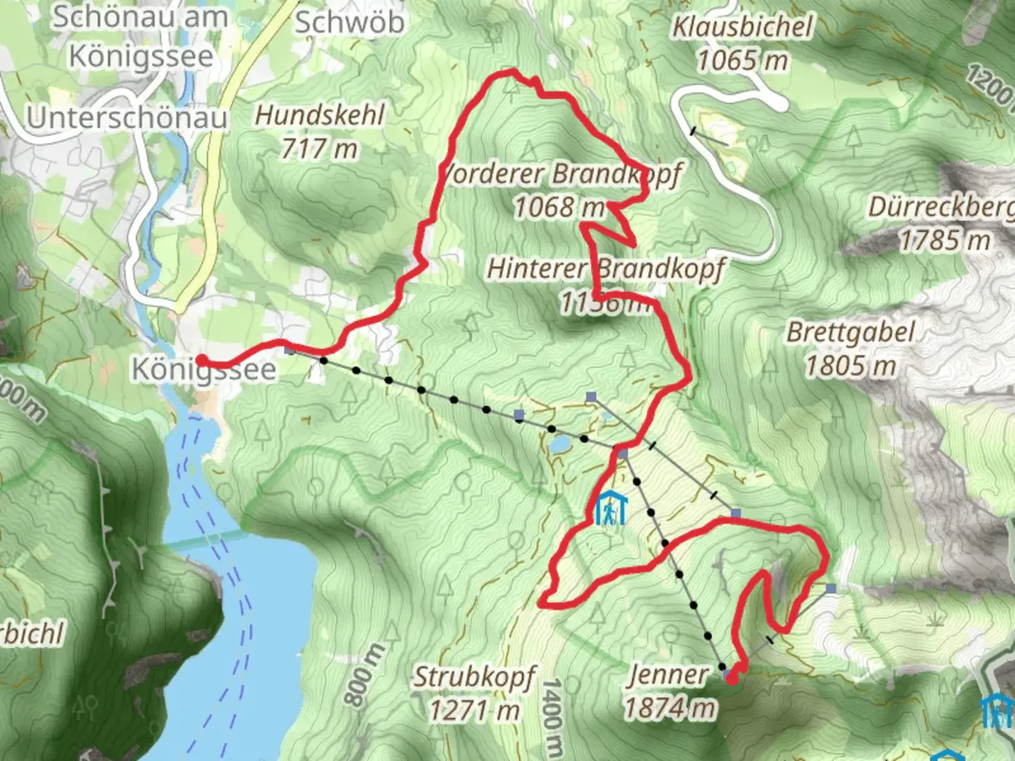 An image depicting the trail Jenneralm to Koenigssee via Hinterer Brandkopf and its surrounding area.