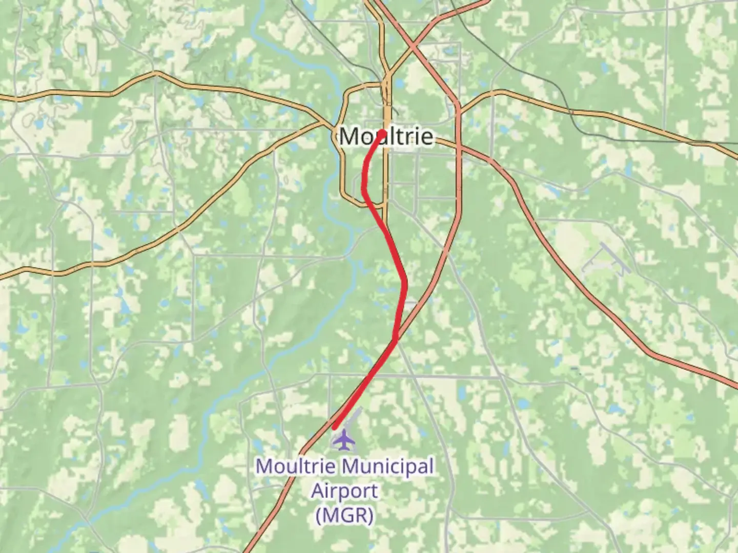 An image depicting the trail City Recreational Trail to Moultrie Municipal Airport and its surrounding area.