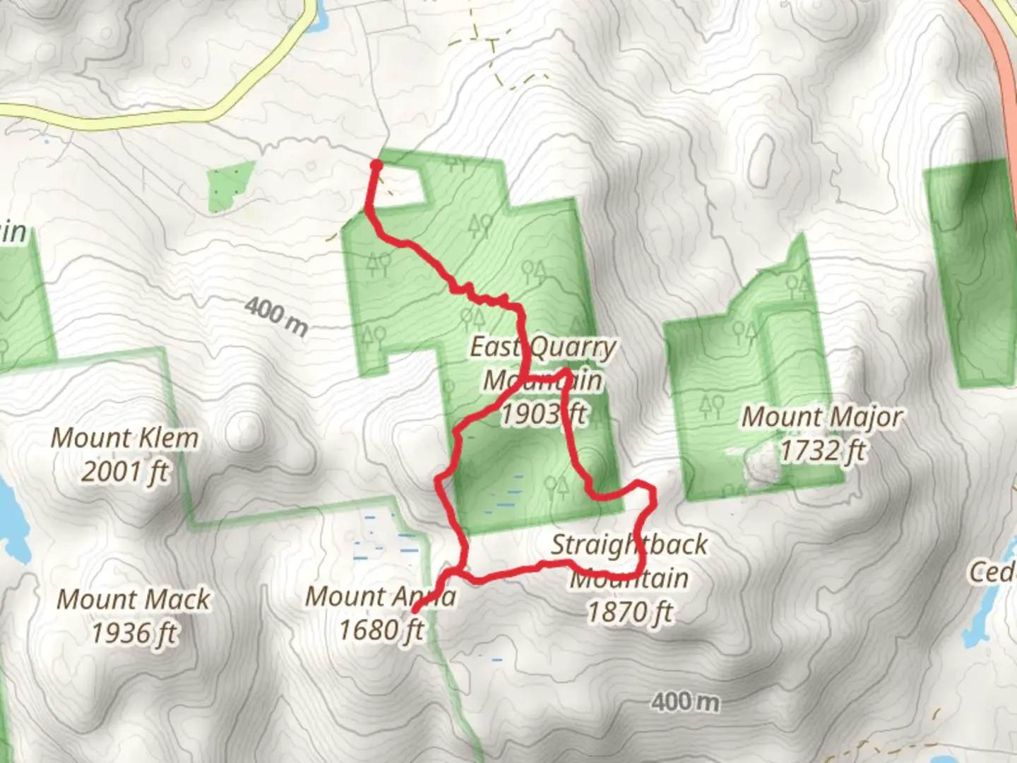 An image depicting the trail East Quarry - North Straightback - West Quarry Mountain Loop Trail and its surrounding area.