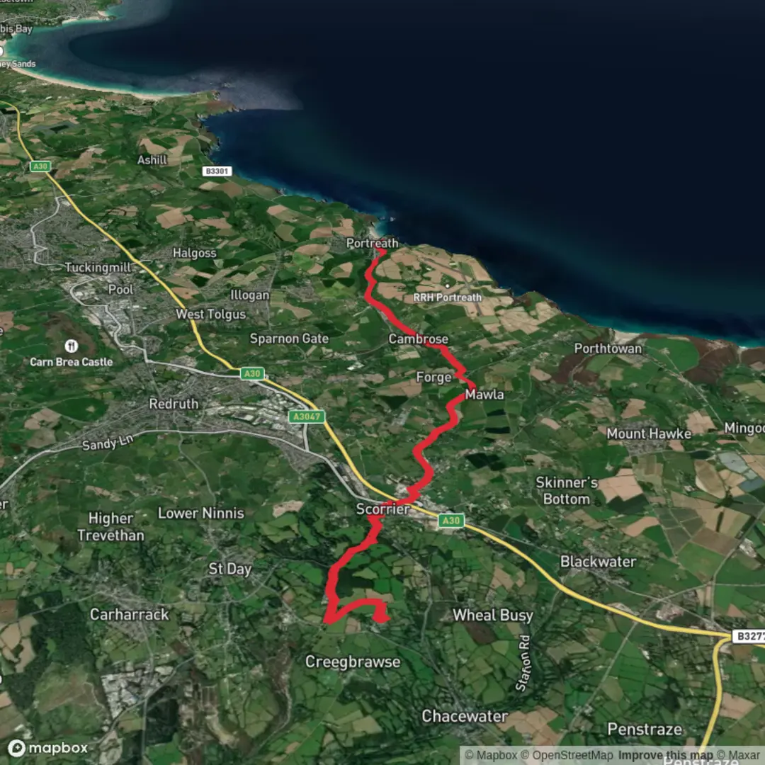 An image depicting the trail Cornwall - Chacewater Park to Cart Track and its surrounding area.