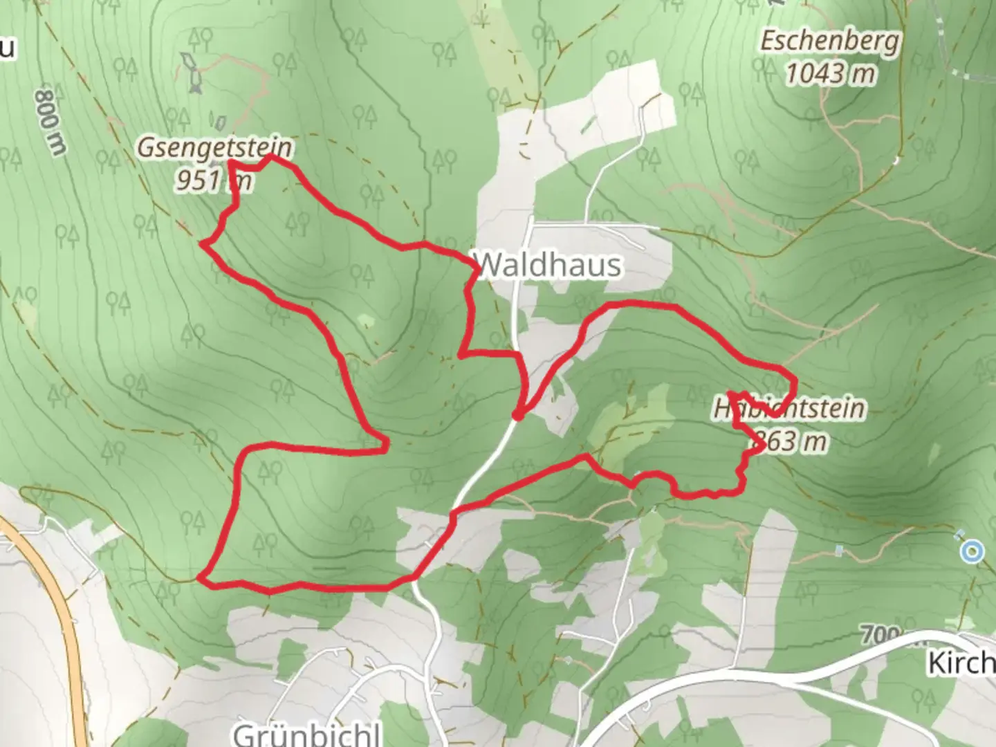 An image depicting the trail Gsengetstein and Habichtstein Loop - Waldhaus and its surrounding area.