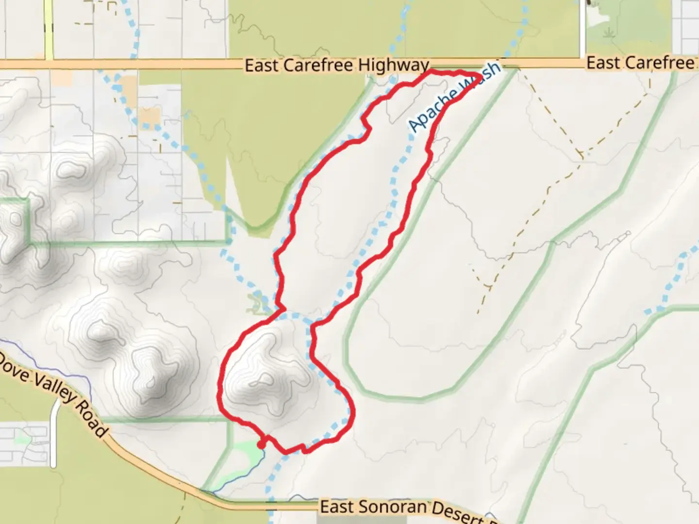 An image depicting the trail Apache Wash and Ocotillo Loop Trail and its surrounding area.