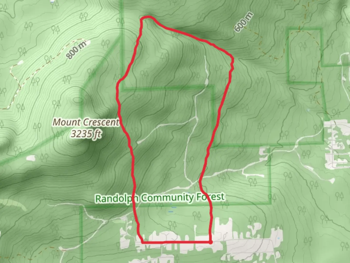 An image depicting the trail Ice Gulch Path from Randolph Hill Road and its surrounding area.