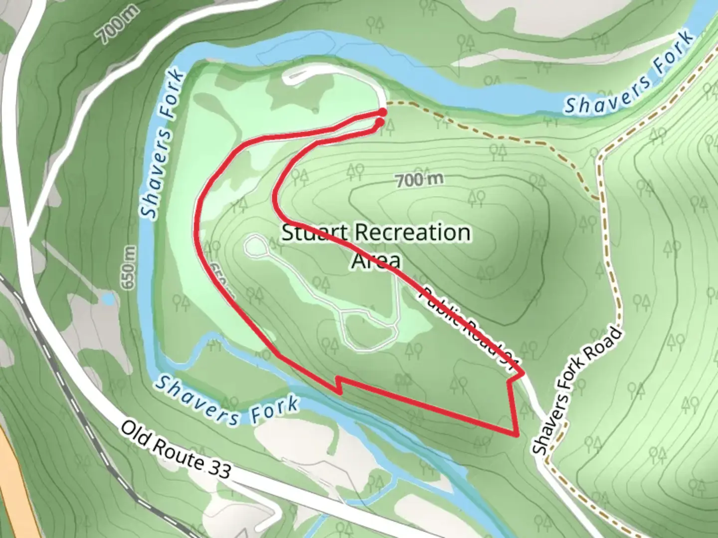 An image depicting the trail Loop around Stuart Campground and its surrounding area.
