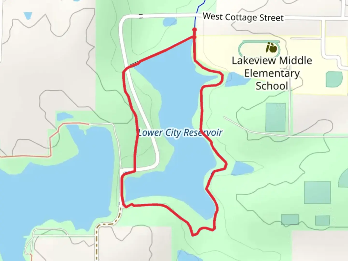 An image depicting the trail Lower City Reservoir Loop and its surrounding area.