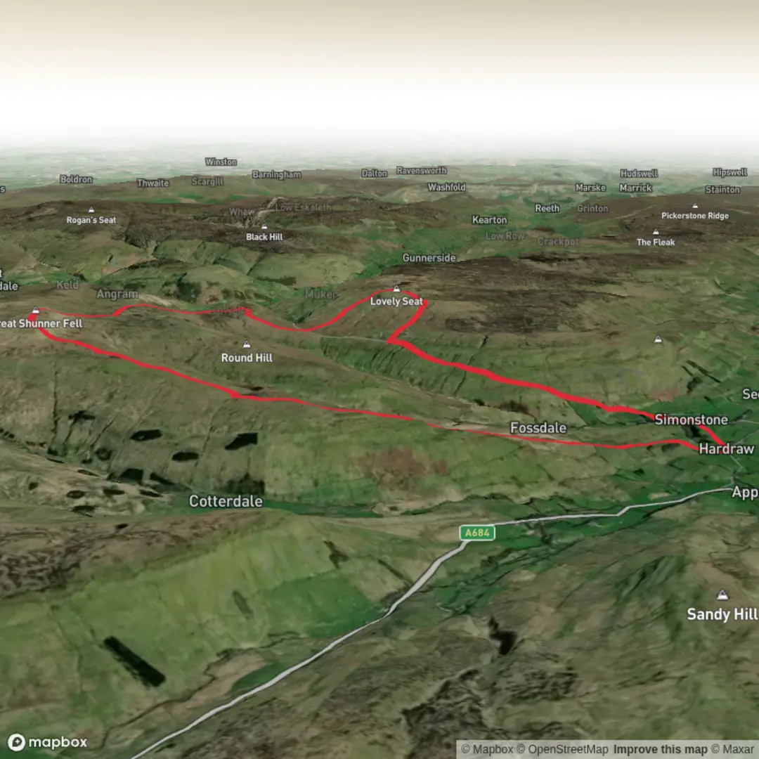 An image depicting the trail Great Shunner Fell and Lovely Seat and its surrounding area.
