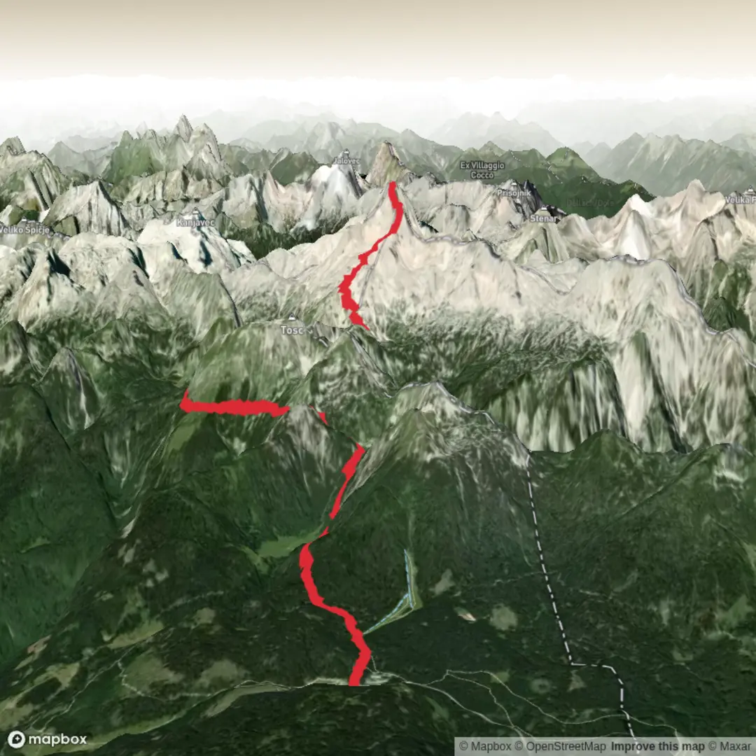 An image depicting the trail Triglav Via Vodnikov Dom & Dom Planika Refuge and its surrounding area.
