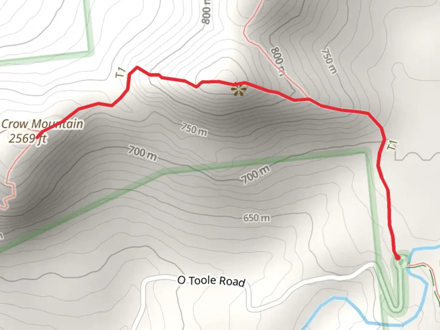 An image depicting the trail Little Crow Mountain Trail via O Toole Road and its surrounding area.