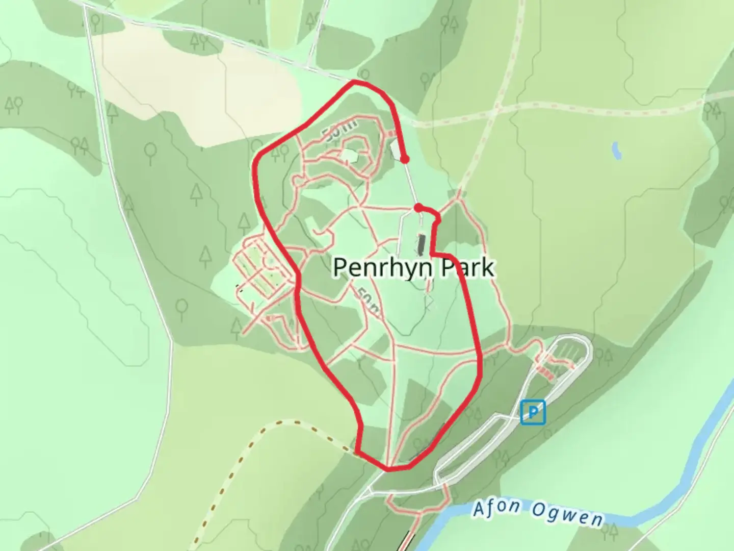An image depicting the trail Penrhyn Castle Loop and its surrounding area.