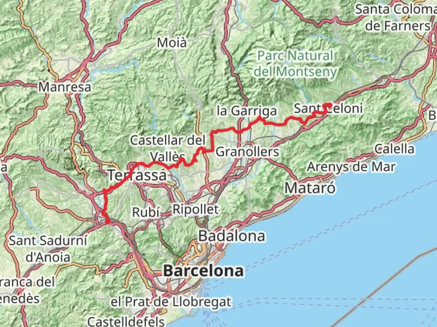 An image depicting the trail GR 97 - From Tordera to Llobregat and its surrounding area.