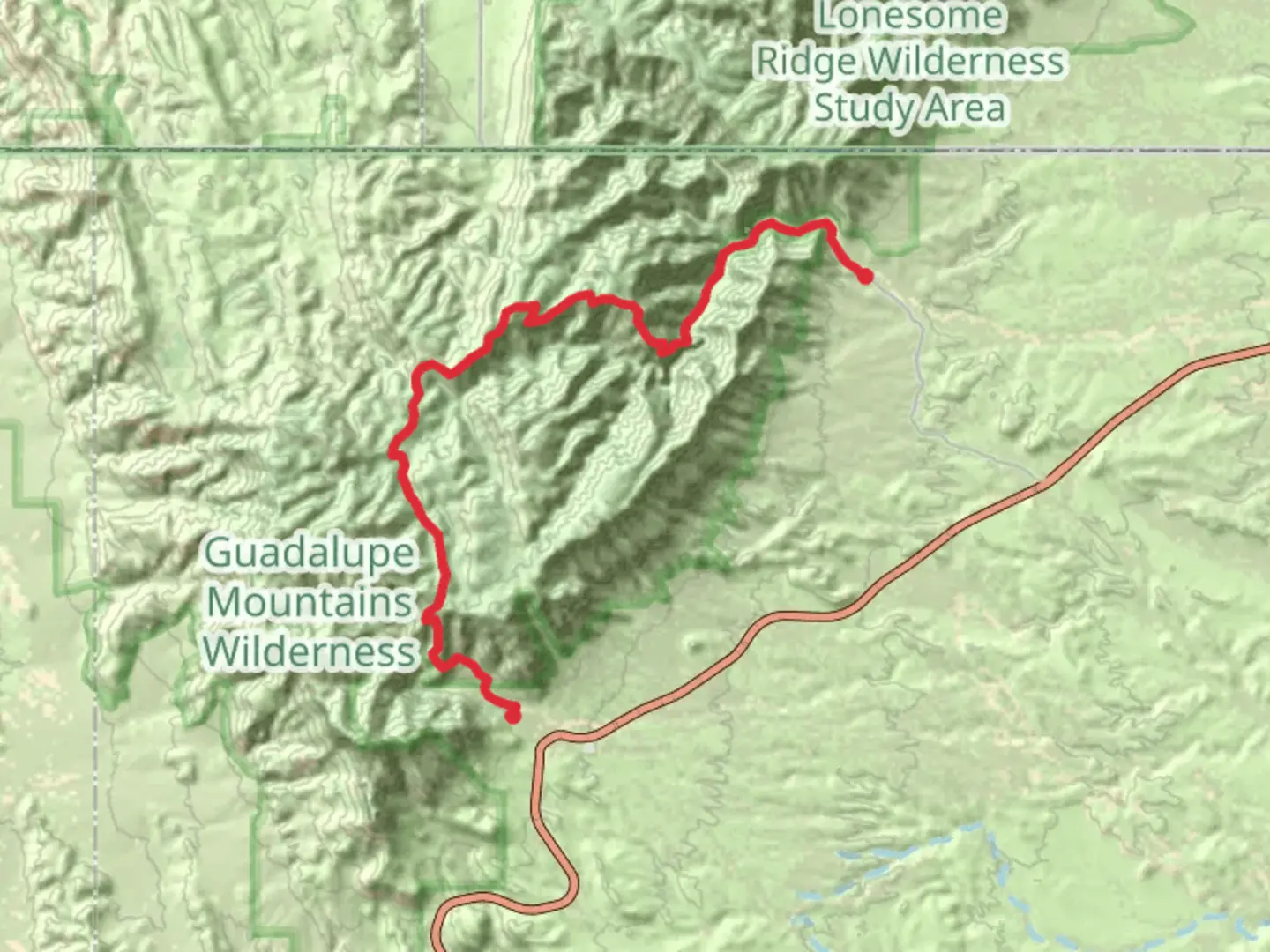 An image depicting the trail Mckittrick Ridge Trail and McKittrick Canyon Trail and its surrounding area.