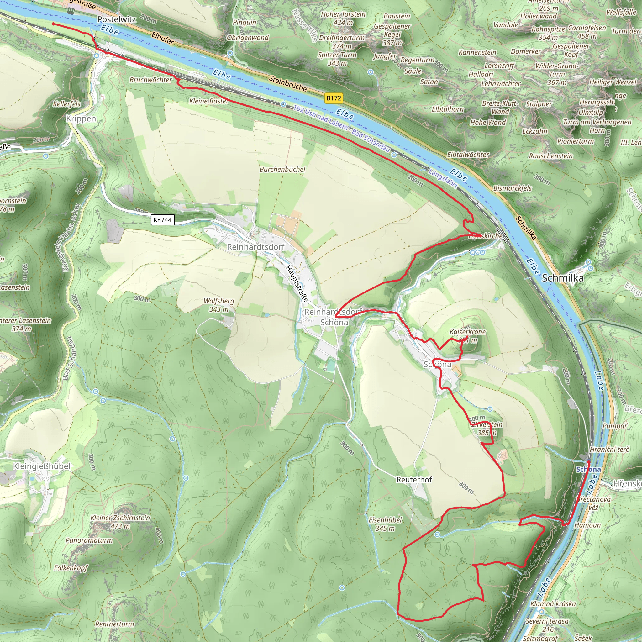 Hrensko to Krippen Walk via Zirkelstein mobile static map