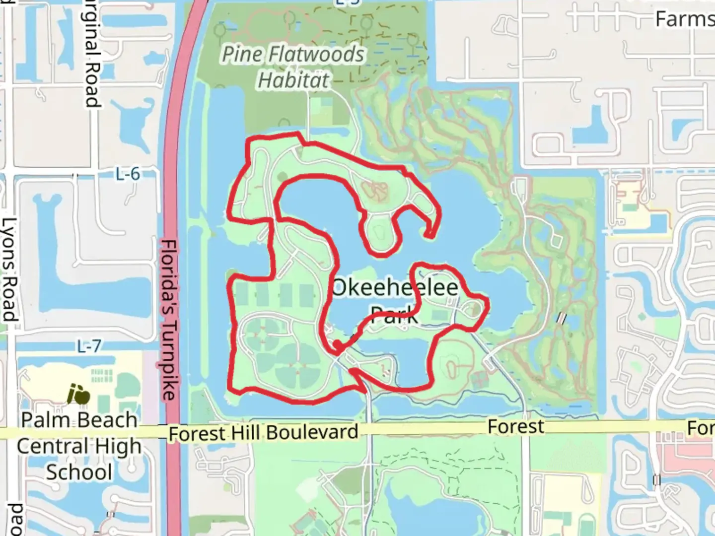 An image depicting the trail Okeeheelee Park Loop and its surrounding area.