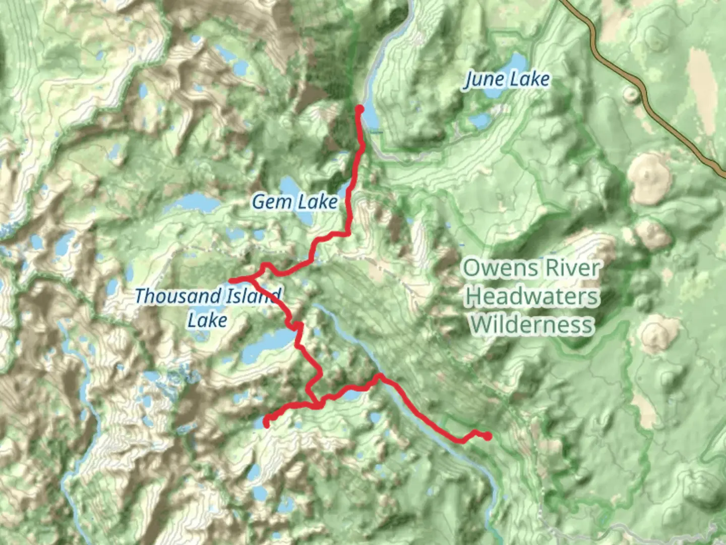 An image depicting the trail Pacific Crest, Ediza Lake, Garnet Lake, Thousand Island Lake and Rush Creek Trail and its surrounding area.