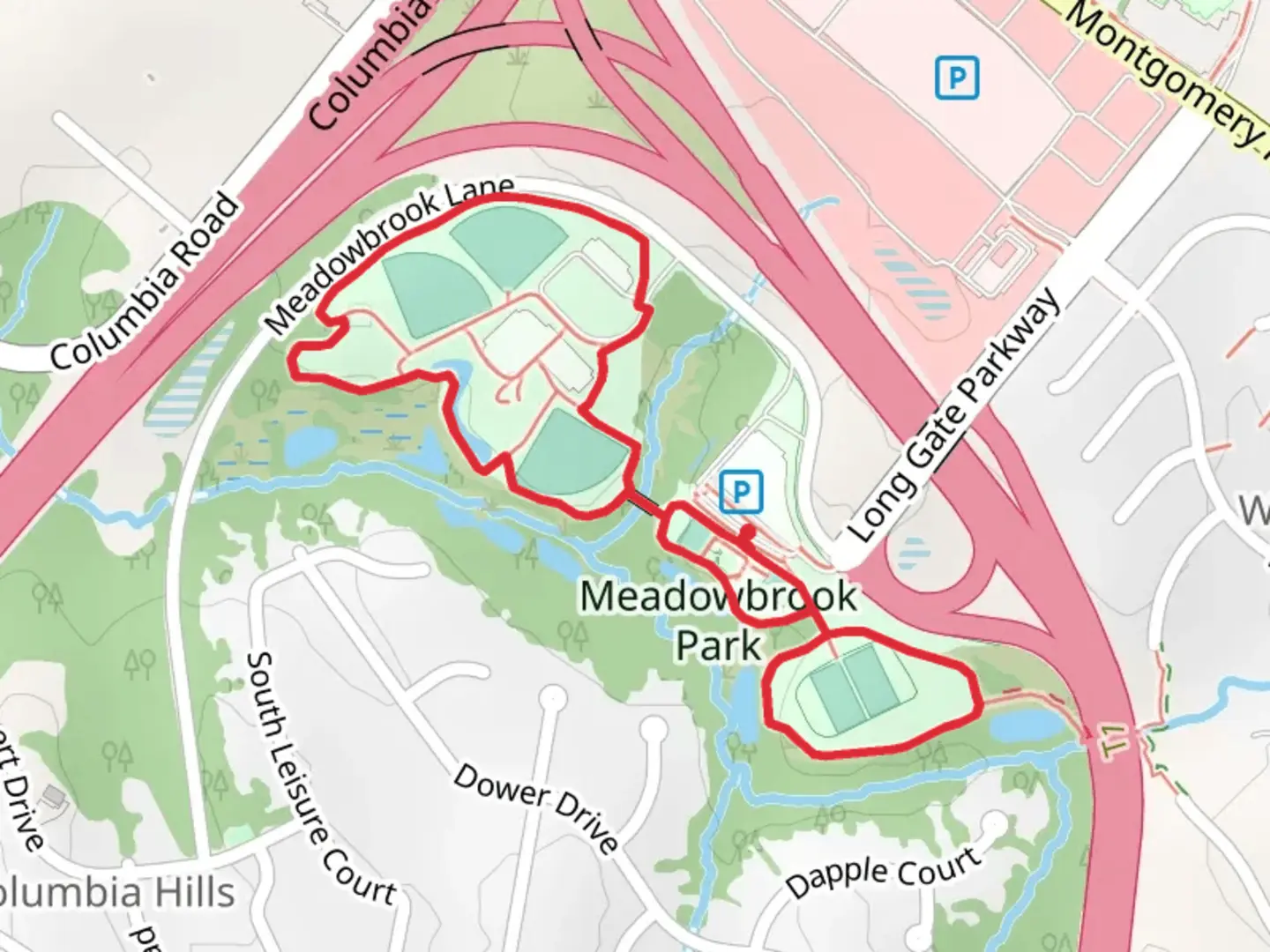 An image depicting the trail Red Hill Branch Loop and its surrounding area.