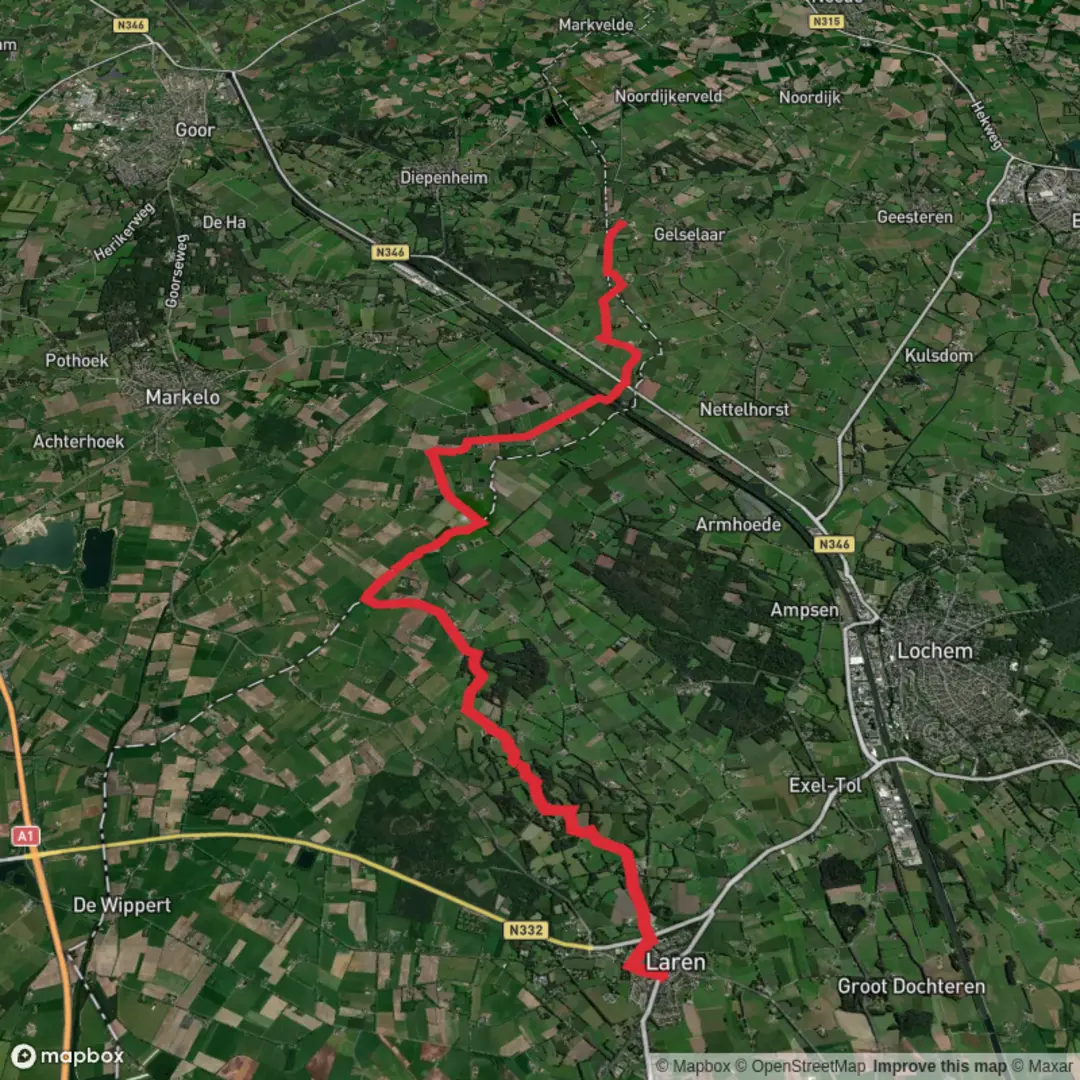 An image depicting the trail Laren to Gelselaar via Rondje Exel and its surrounding area.