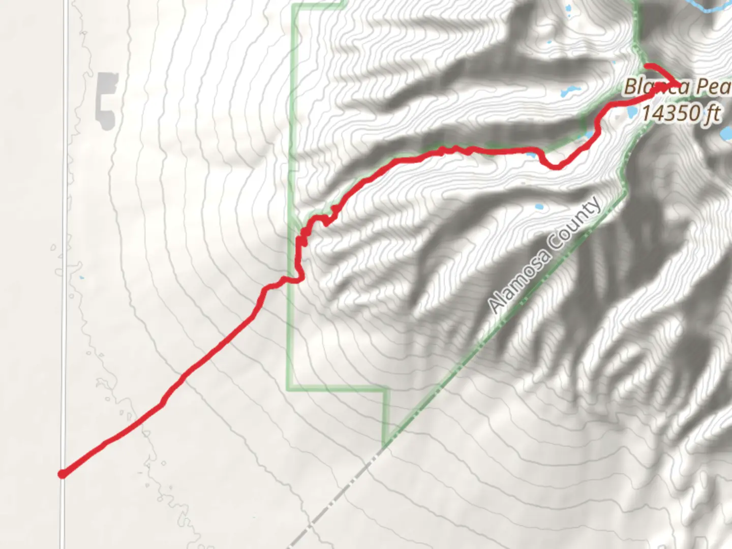 An image depicting the trail Ellingwood Point via Crater Lake and Lake Como - Mount Blanca Road and its surrounding area.