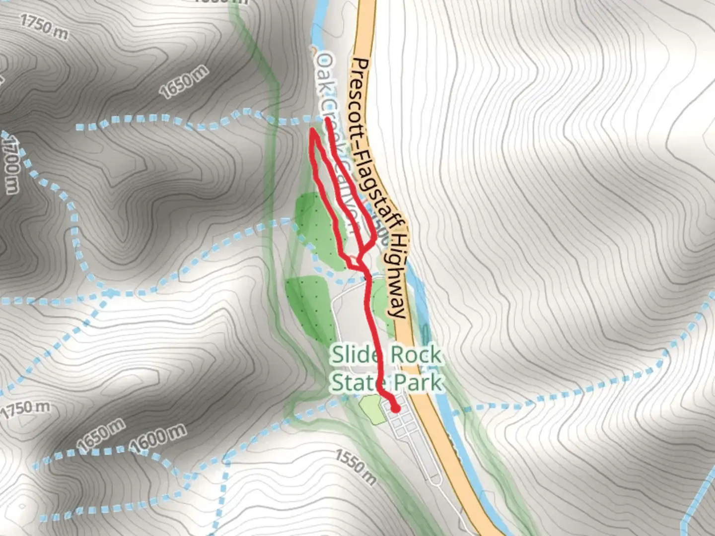 An image depicting the trail Slide Rock and Clifftop Trail via Pendley Homestead Trail and its surrounding area.