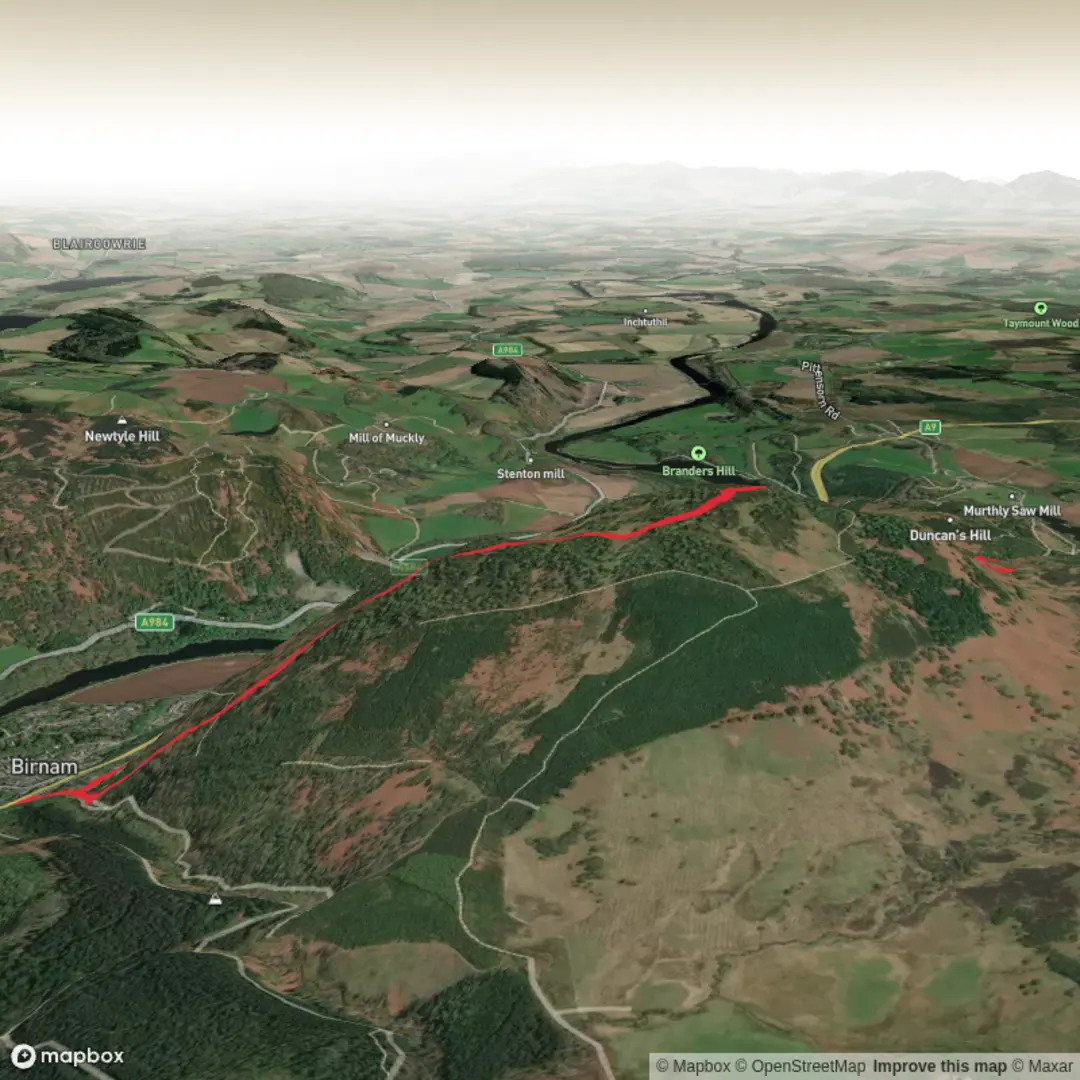 An image depicting the trail Birnam Hill Loop and its surrounding area.