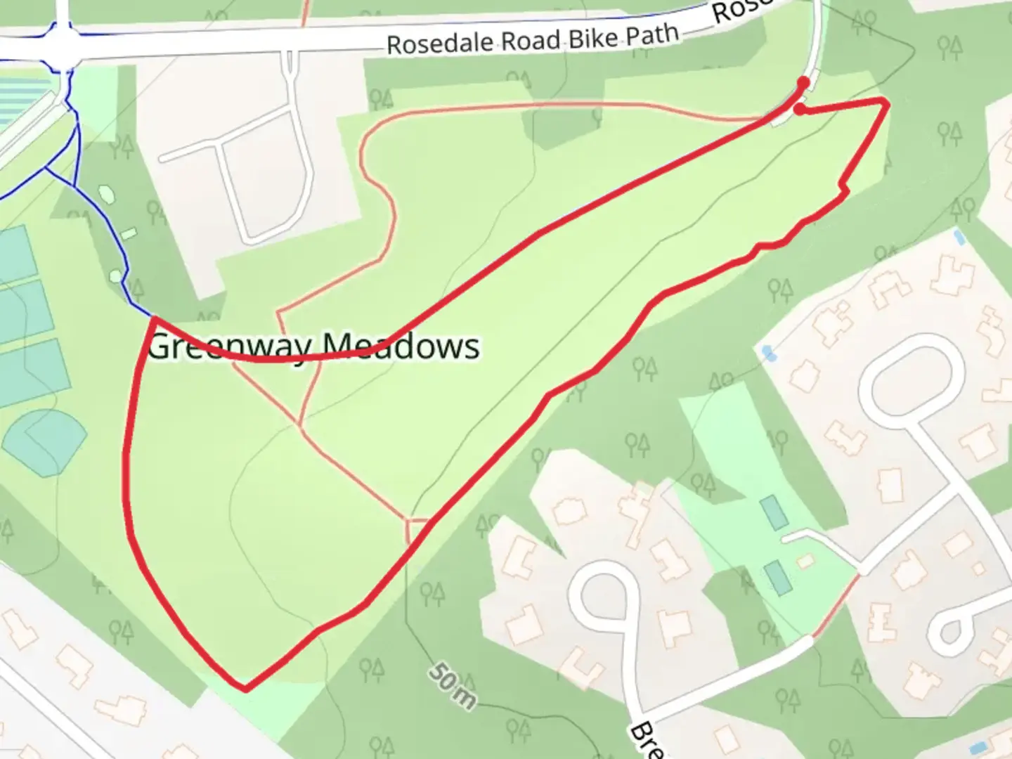 An image depicting the trail Greenway Meadows Loop and its surrounding area.