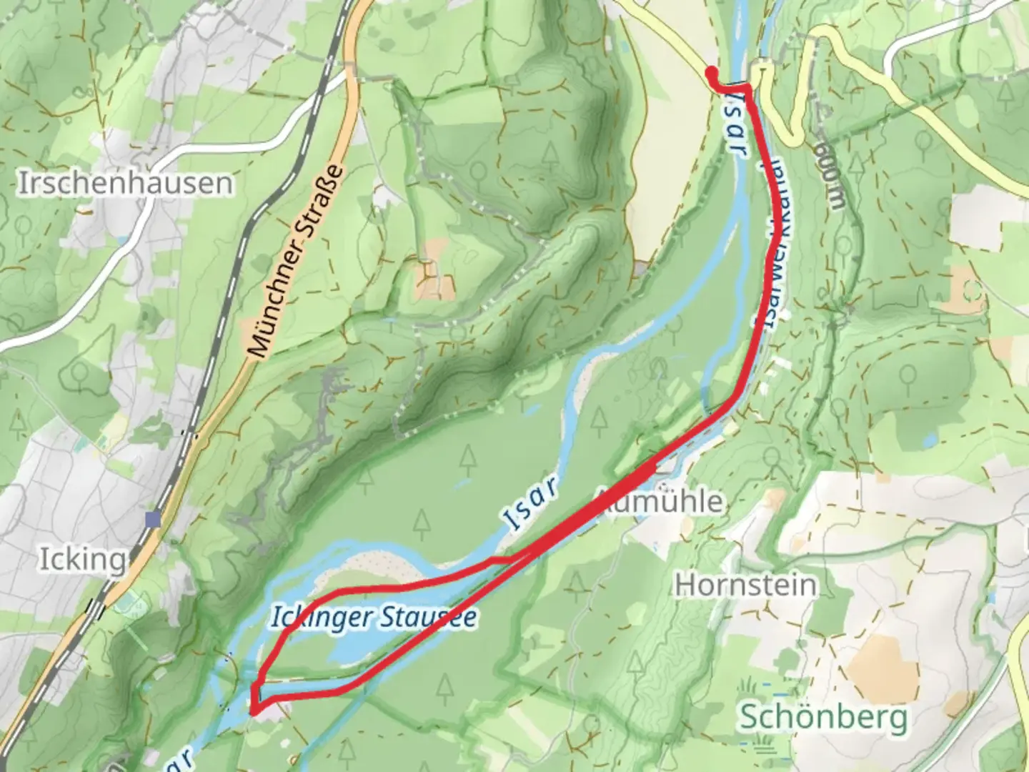 An image depicting the trail Ickinger Stausee via Traumpfad Muechen Venedig and Isar Erlrbnispfad and its surrounding area.