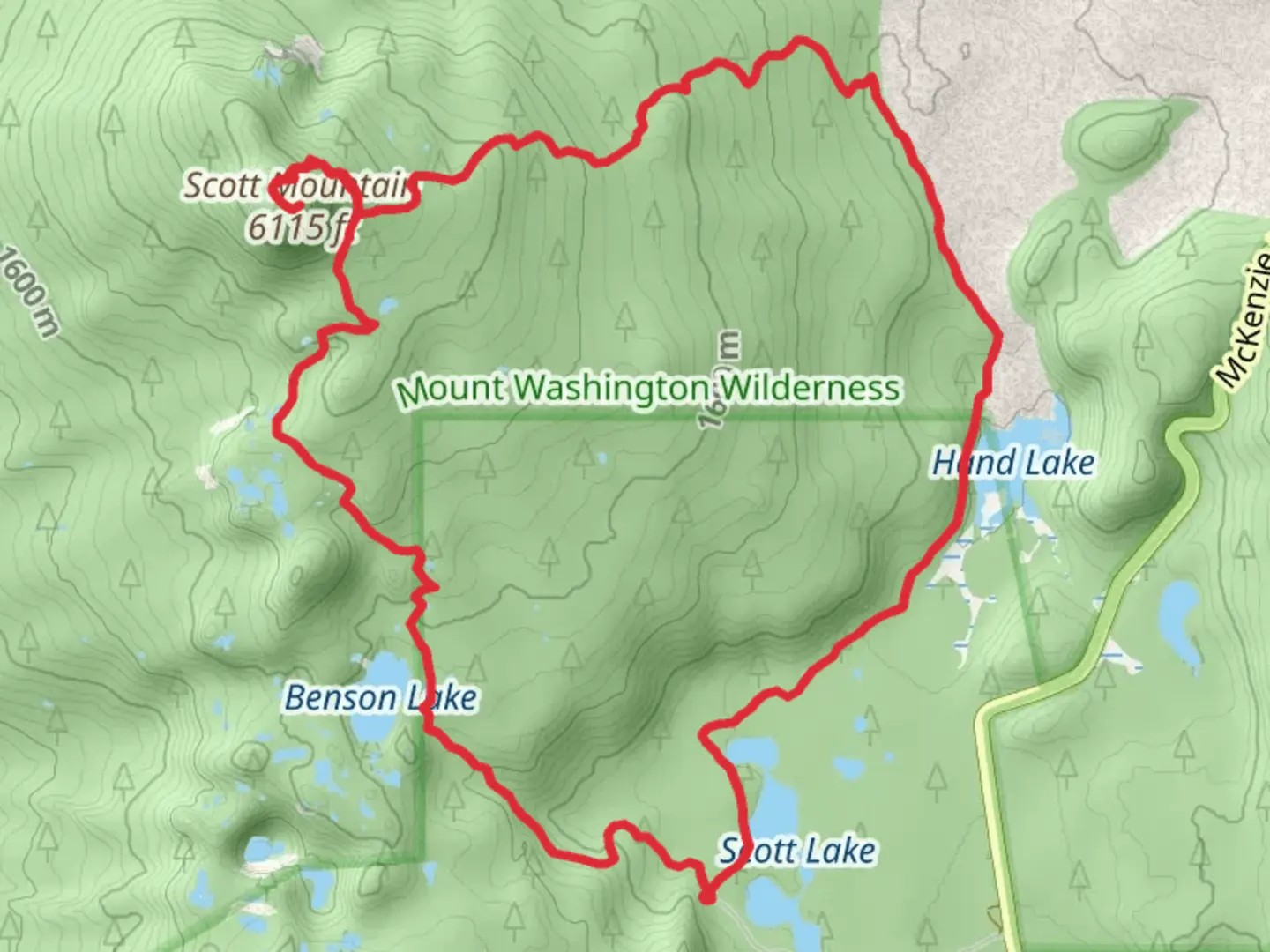 An image depicting the trail Scott Lake - Hand Lake - Benson Lake - Scott Mountain Loop and its surrounding area.