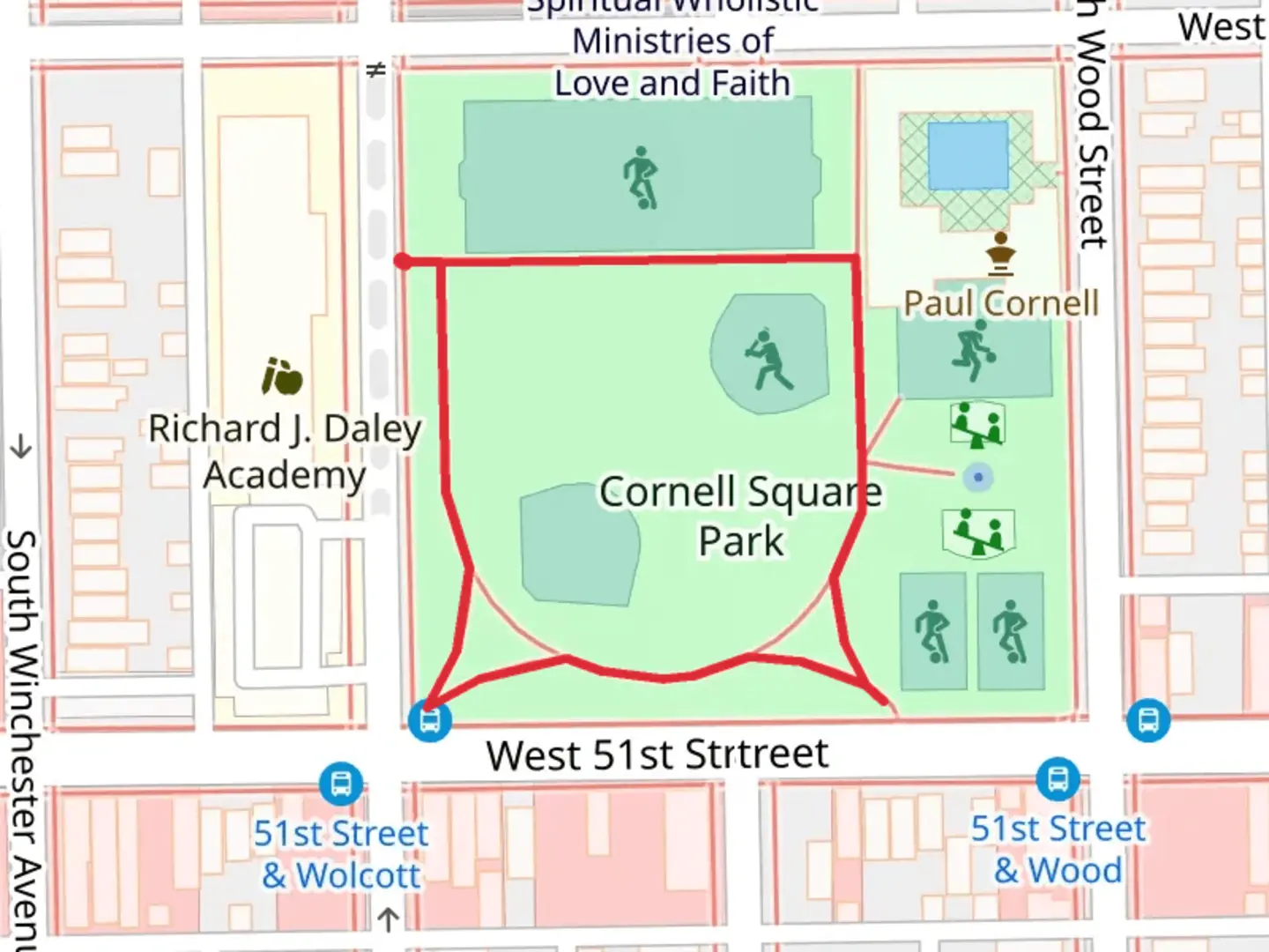 An image depicting the trail Cornell Square Park Loop and its surrounding area.