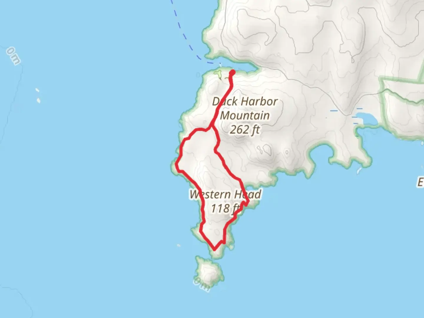 An image depicting the trail Western Head Trail from Duck Harbor Road and its surrounding area.