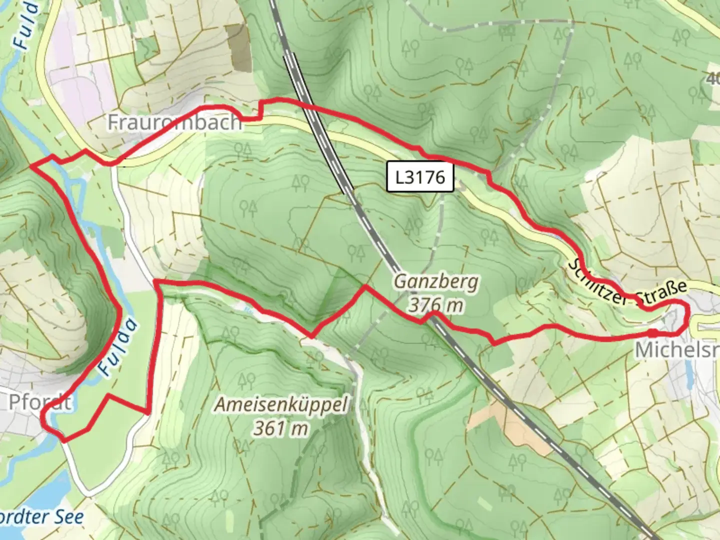 An image depicting the trail Michelsrombach Rhoen and Fuldawanderweg VHC and its surrounding area.