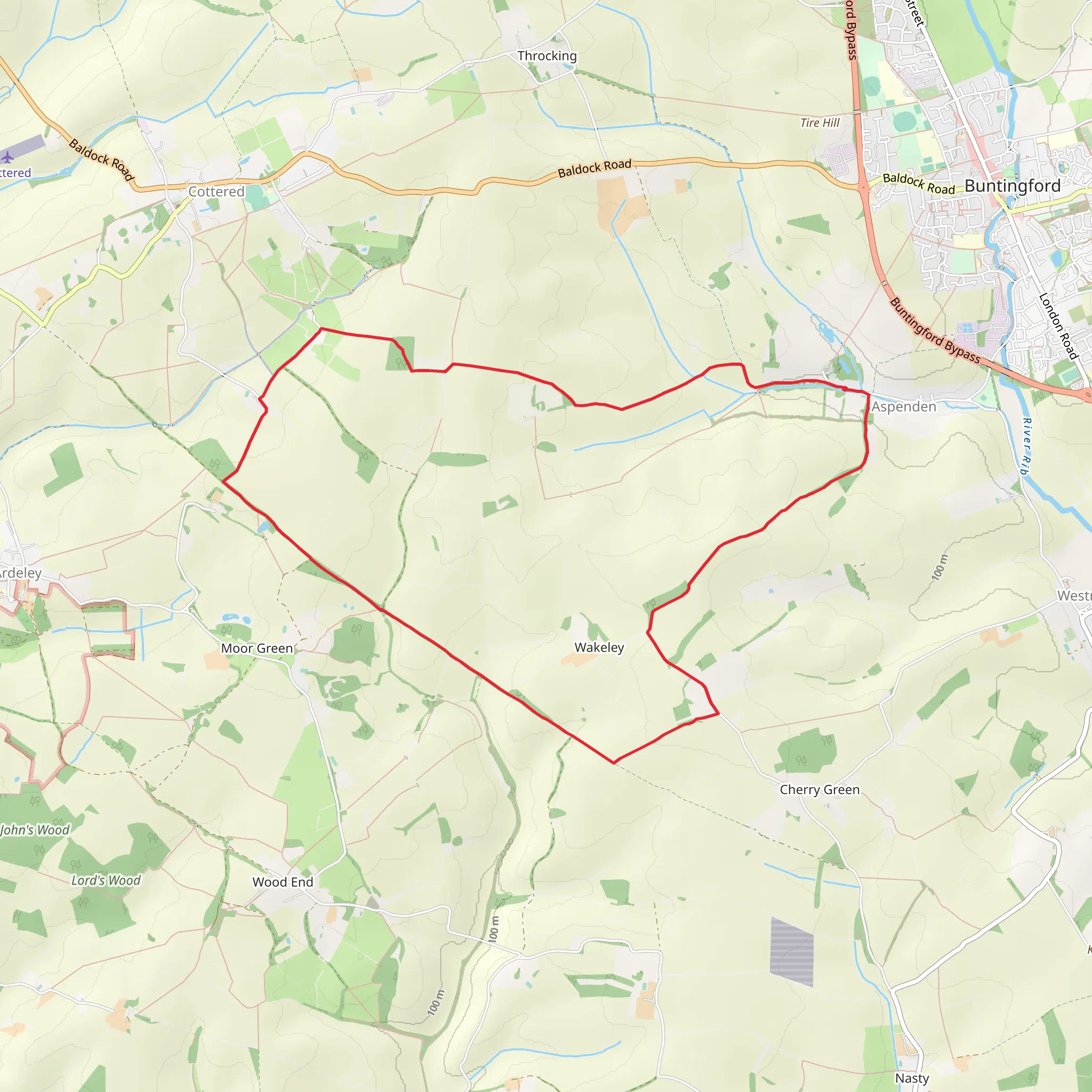 Cottered Warren and Wakeley from Aspenden mobile static map