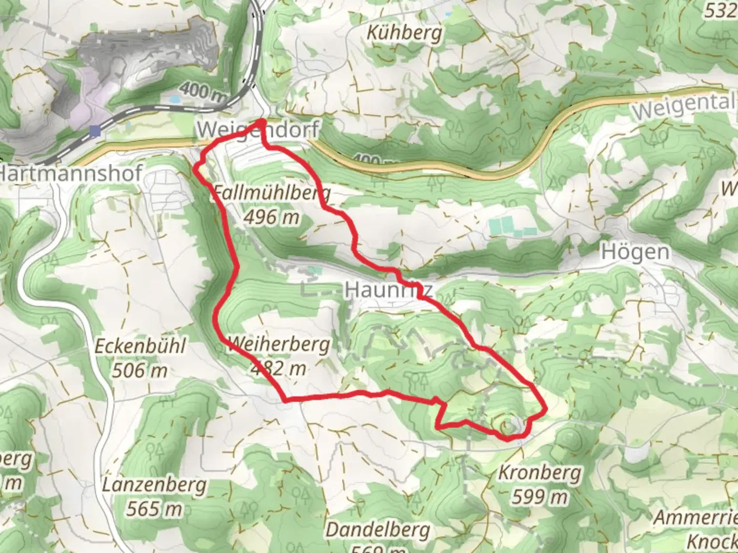 An image depicting the trail Weigendorf to Haunritz and Lichtenegg Loop and its surrounding area.