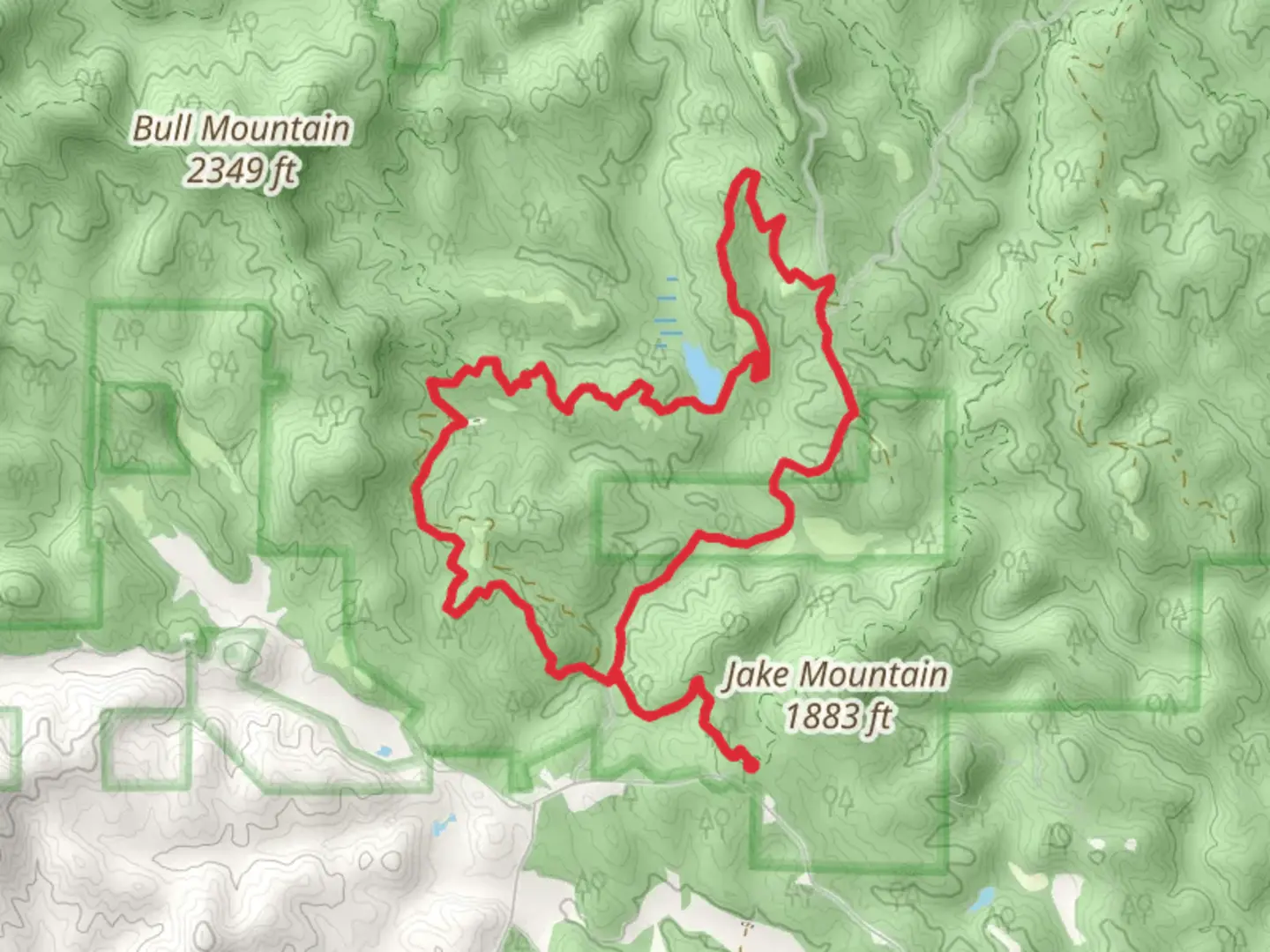 An image depicting the trail Bull Mountain Cutoff Trail and Jones Creek Dam Trail Loop and its surrounding area.