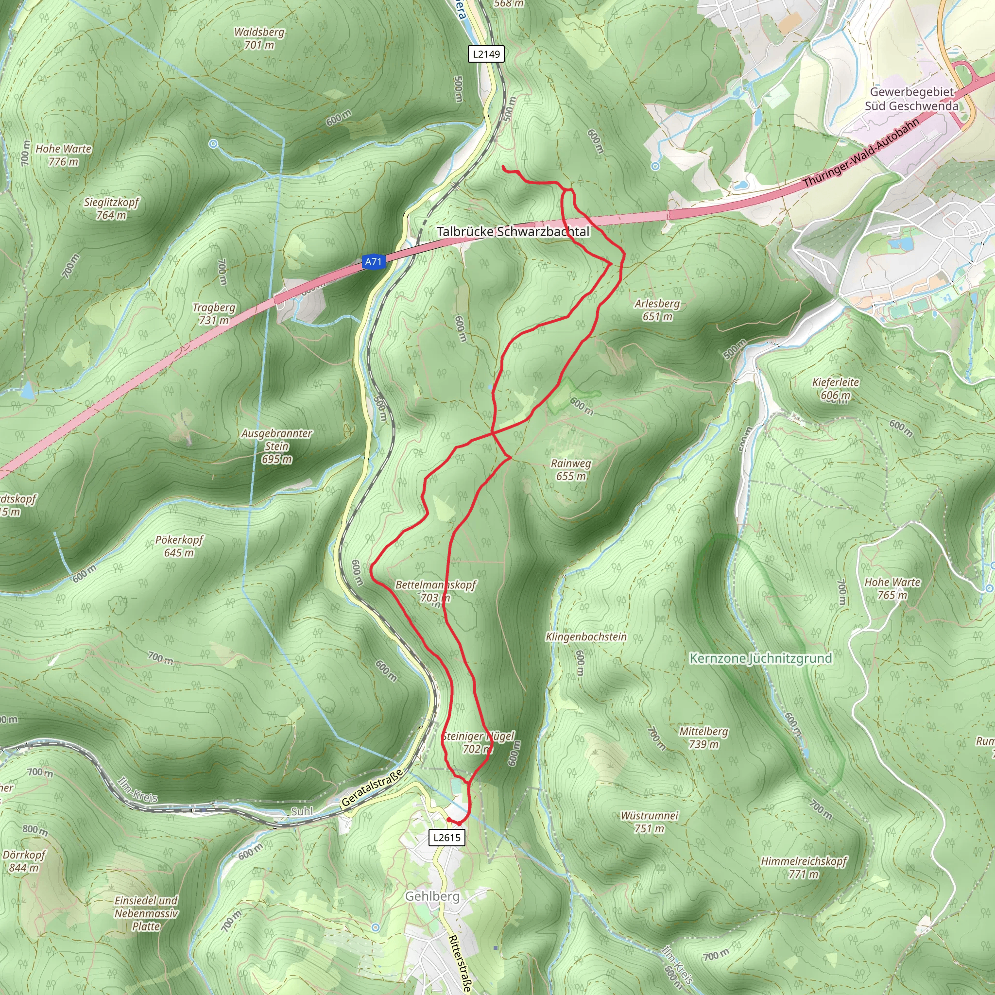Steiniger Hügel via Dursch's Tal der Zahmen Gera and Bergpfad Gehlberg mobile static map