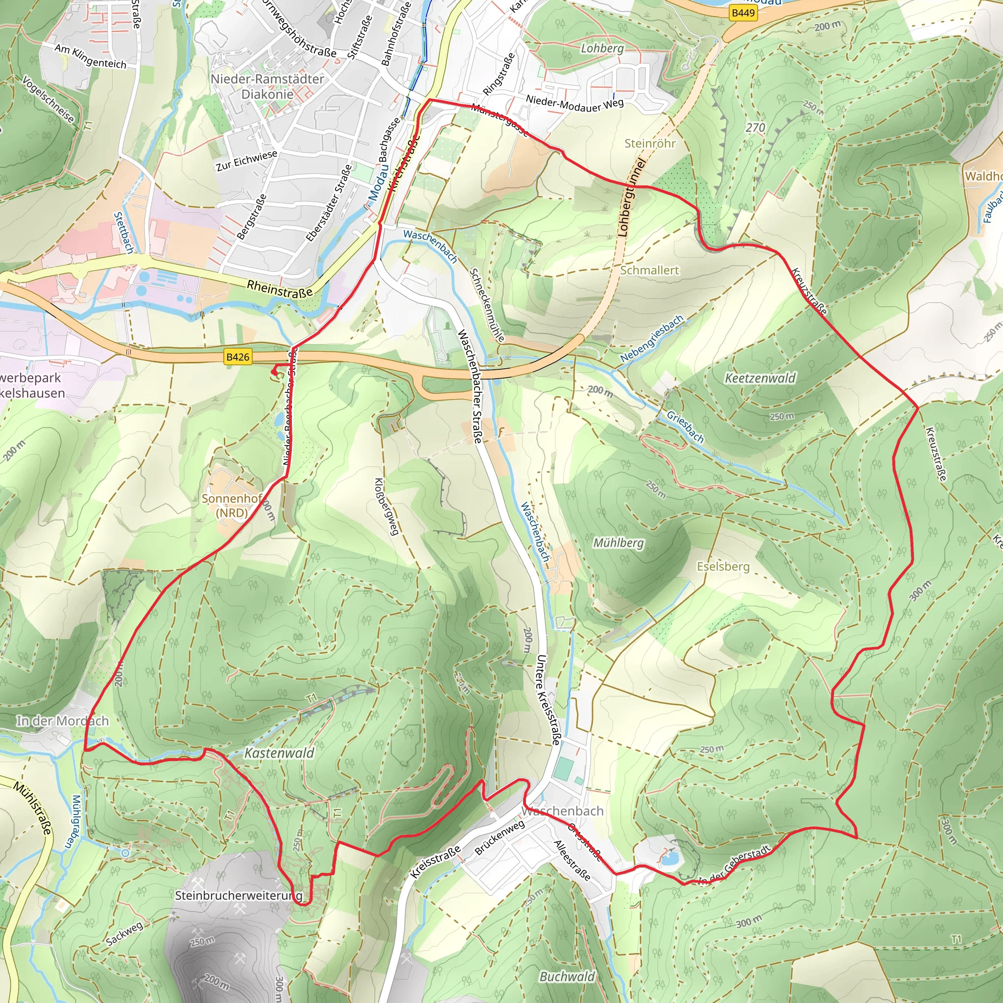 Orts Rundwanderweg Muehltal and Rhein Main Weg mobile static map