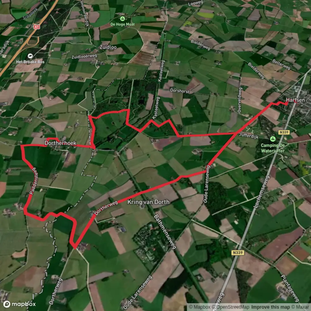 An image depicting the trail Rondje Dortherbeek from Harfsen and its surrounding area.