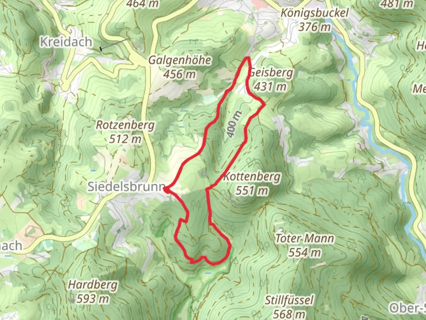 An image depicting the trail Siedelsbrunn, Hardberg and Kreidacher Hohe Loop and its surrounding area.